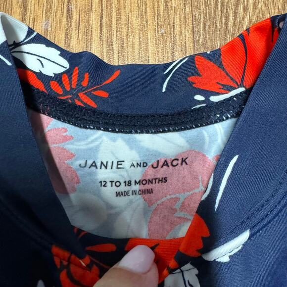 Janie & Jack Girls Long Sleeve Ruffled Rash Guard Red White Blue Floral 12-18M - Picture 4 of 6